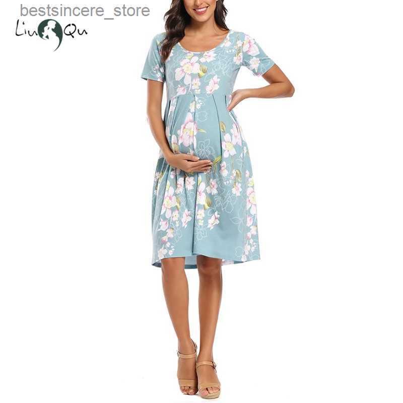 Maternity Dresses Women's Floral Short Sleeve Loose Maternity Dresses Pregnancy Clothes Summer Casual Soft Waist Pleated Print Knee Length Dress 