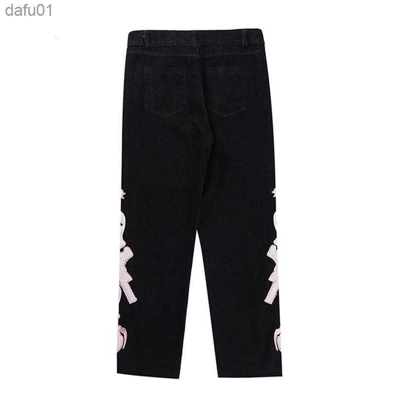 Men's Jeans Men's Jeans Urban Streetwear Baggy Y2k Men Skull Furry Embroidered Denim Pants Straight Leg Loose Trousers Women High Street Hip