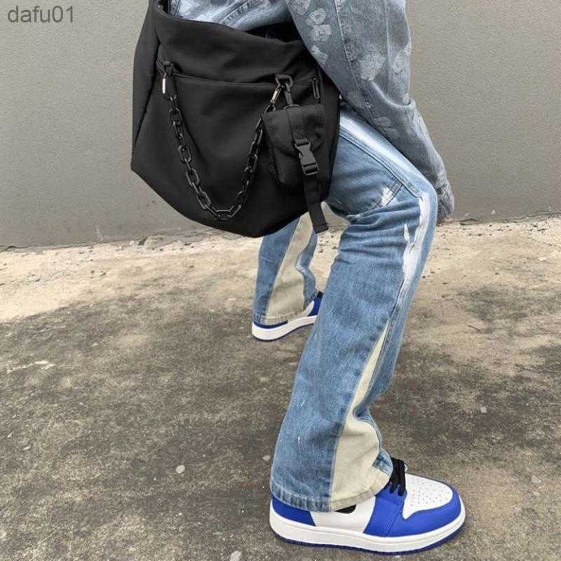 Men's Jeans Men's Jeans Hip Hop Flare Men Harajuku Streetwear Baggy Wide Leg Denim Pants Elastic Waist Fashion Loose Casual Flared Jean Trou