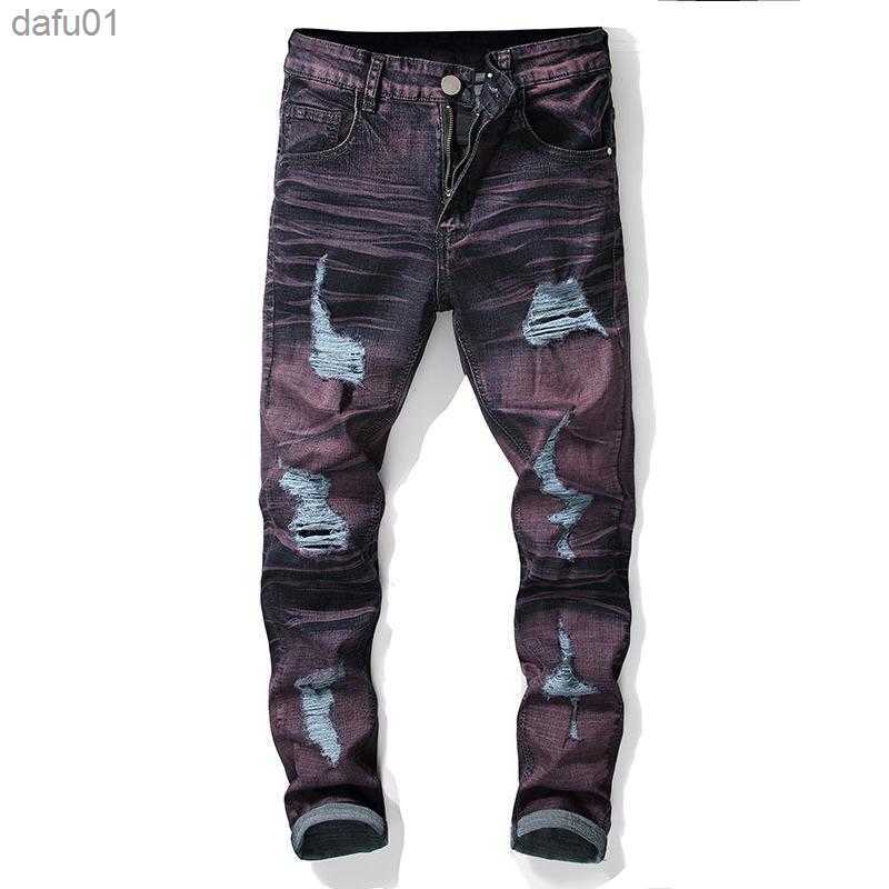Men's Jeans Men's Jeans Trendy Ripped Purple Men Slim Fit 2021 Tight Ankle Motor Biker Pants Punk Rock Hole Color Contrast L230520