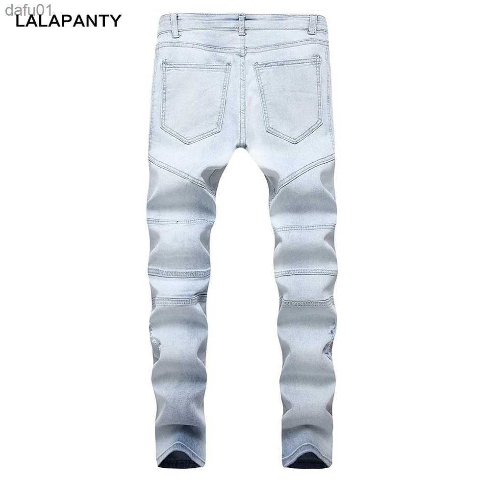 Men's Jeans LALAPANTY representative jeans clothing slp blue/black ripped men's slim fit denim straight biker skinny men ripped pants L23052