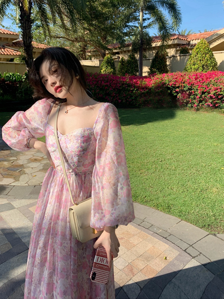 Casual Dresses Elegant Vintage Fairy Midi Dress Women Csaual Korean Chiffion Floral Midi Dress