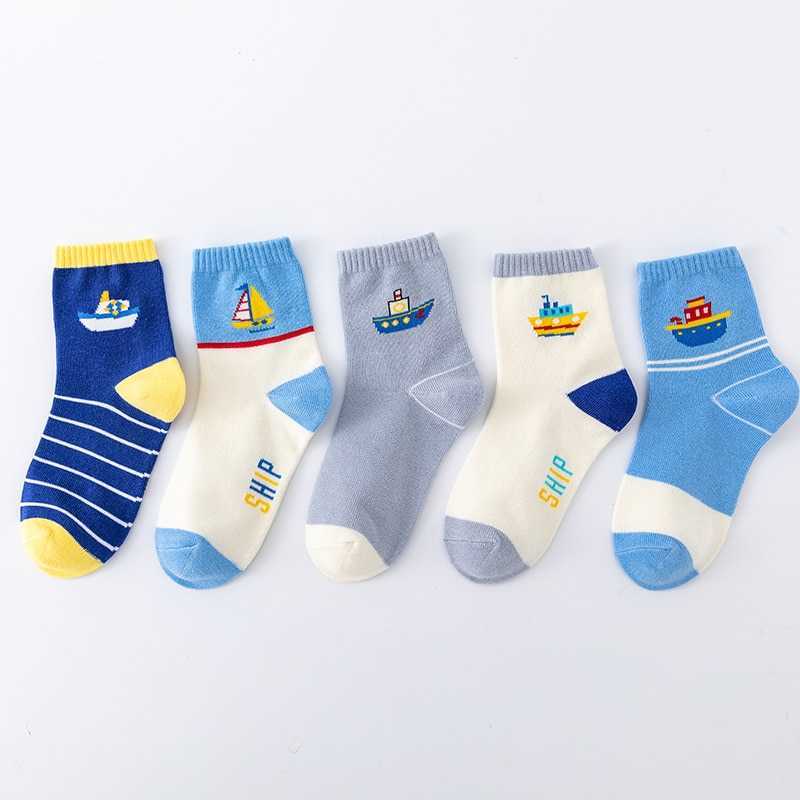 Socks 5 pairs of new autumn and winter children's striped sailboat boy socks ages 4-8 G220524