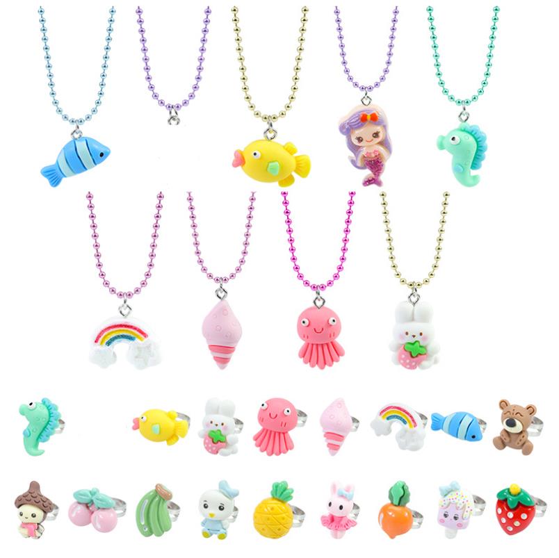 Little Girl Jewelry Beaded Necklace Ring Cartoon Animal Owl Dinosaur Butterfly Pendants Best Friend Friendship Party Favors Dress up Play Props