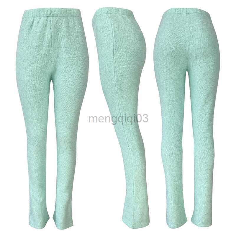 Women's Jeans Solid Fuzzy Knitted Flare Pants 2023 Spring Women Elastic High Waist Slim Stacked Trousers Fashion Casual Streetwear Y23
