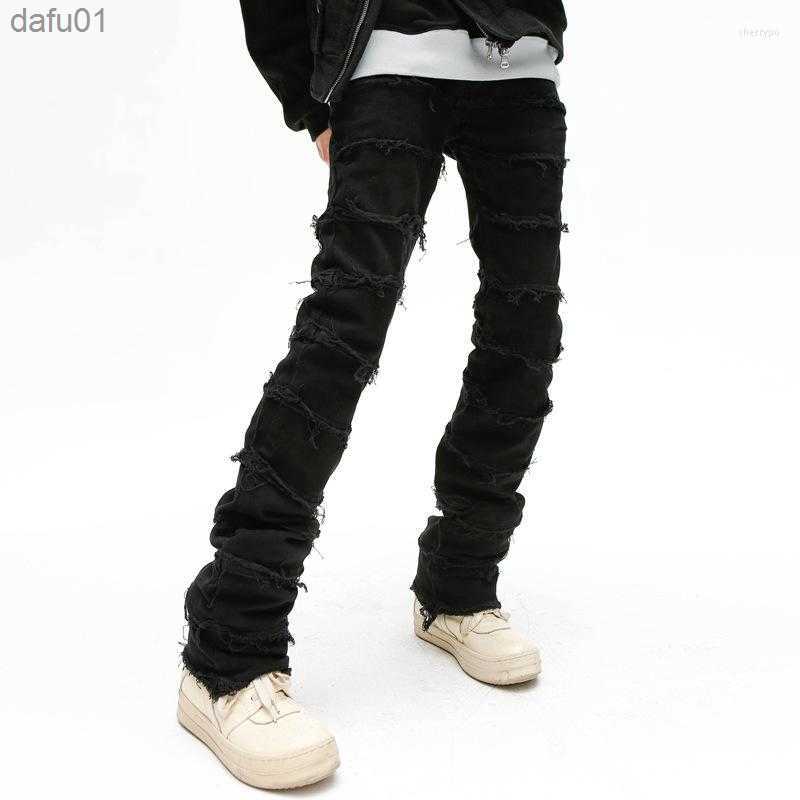 Men's Jeans Men's Jeans Mens Retro Patchwork Flared Pants Grunge Wild Stacked Ripped Long Trousers Straight Y2k Baggy Washed Faded For Men L