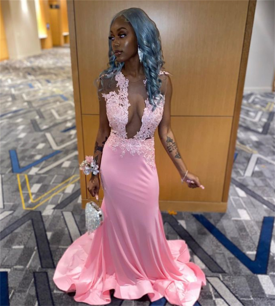 Sexy Pink Black Girls Prom Dress 2023 O Neck Sleeveless Lace Mermaid Evening Gowns Elegant Open Back Formal Appliques Lace Party Robes Soiree Vestido 