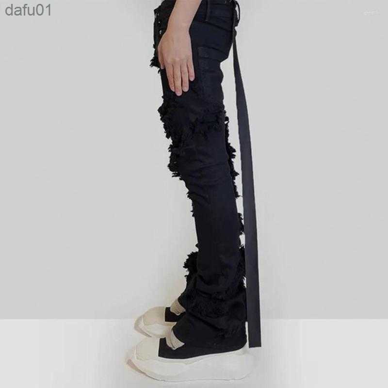 Men's Jeans Men's Jeans Fashion Flared Ripped Distressed Streetwear Black Denim Pants Long Ribbons Trend Man L230520