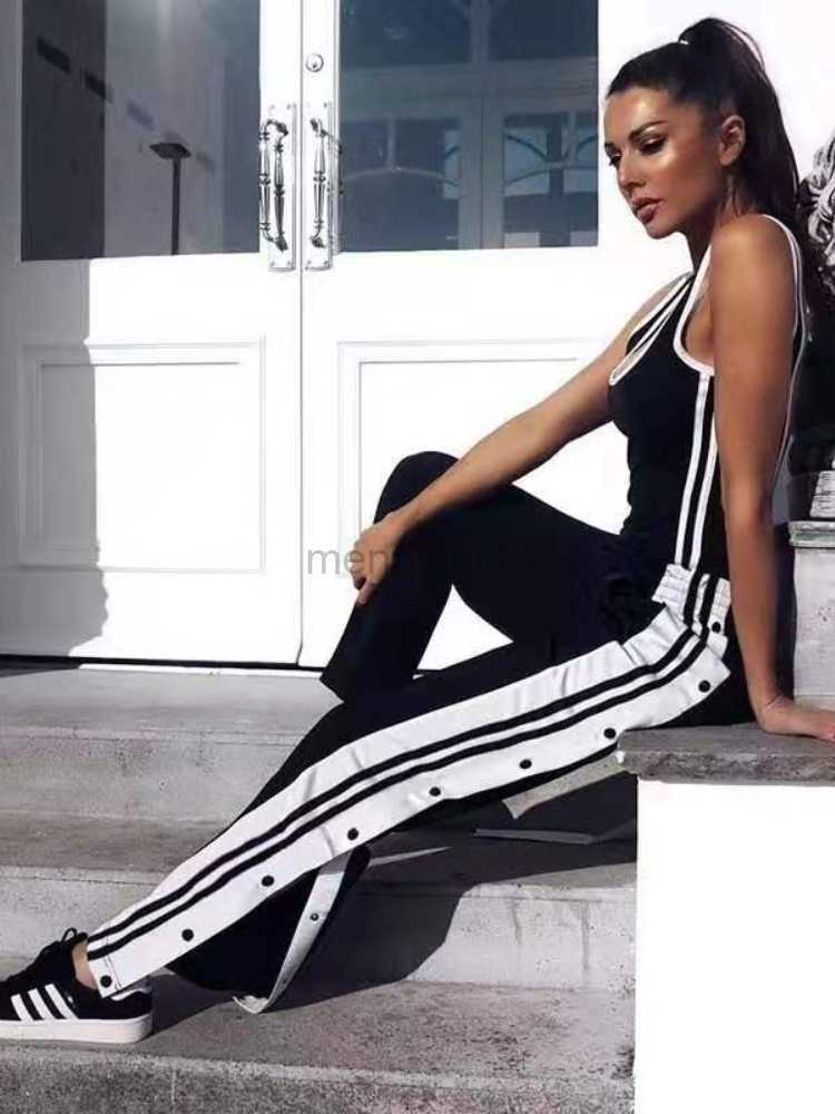Women's Jeans HOUZHOU Women Joggers Sweatpants Casual Wide Leg Pants Female Stripe Hip Hop Sports Streetwear Women Button Trousers Vintage Y23