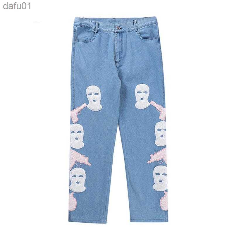 Men's Jeans Men's Jeans Urban Streetwear Baggy Y2k Men Skull Furry Embroidered Denim Pants Straight Leg Loose Trousers Women High Street Hip