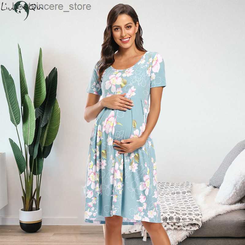 Maternity Dresses Women's Floral Short Sleeve Loose Maternity Dresses Pregnancy Clothes Summer Casual Soft Waist Pleated Print Knee Length Dress 