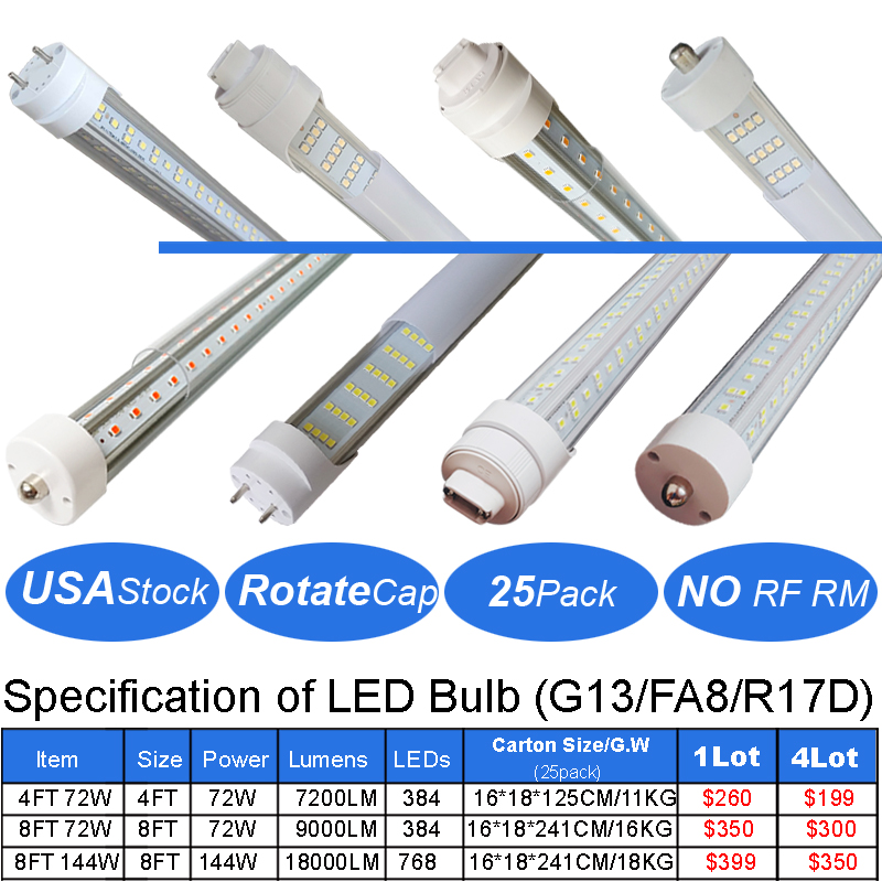 LED Light Bulbs 8 Foot, 2 Pin 144W 6500K, T8 LED Tube Lights, R17D LED 8Foot, HO Rotatable LED Shop Lights, Clear Cover, Dual-Ended Power, Replace Flu
