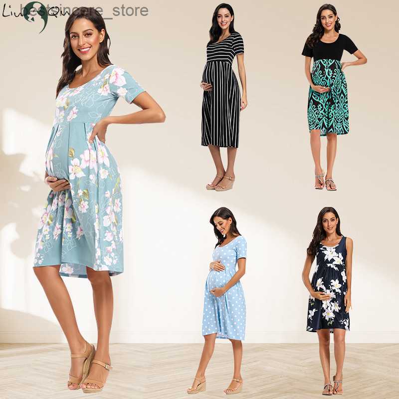 Maternity Dresses Women's Floral Short Sleeve Loose Maternity Dresses Pregnancy Clothes Summer Casual Soft Waist Pleated Print Knee Length Dress 
