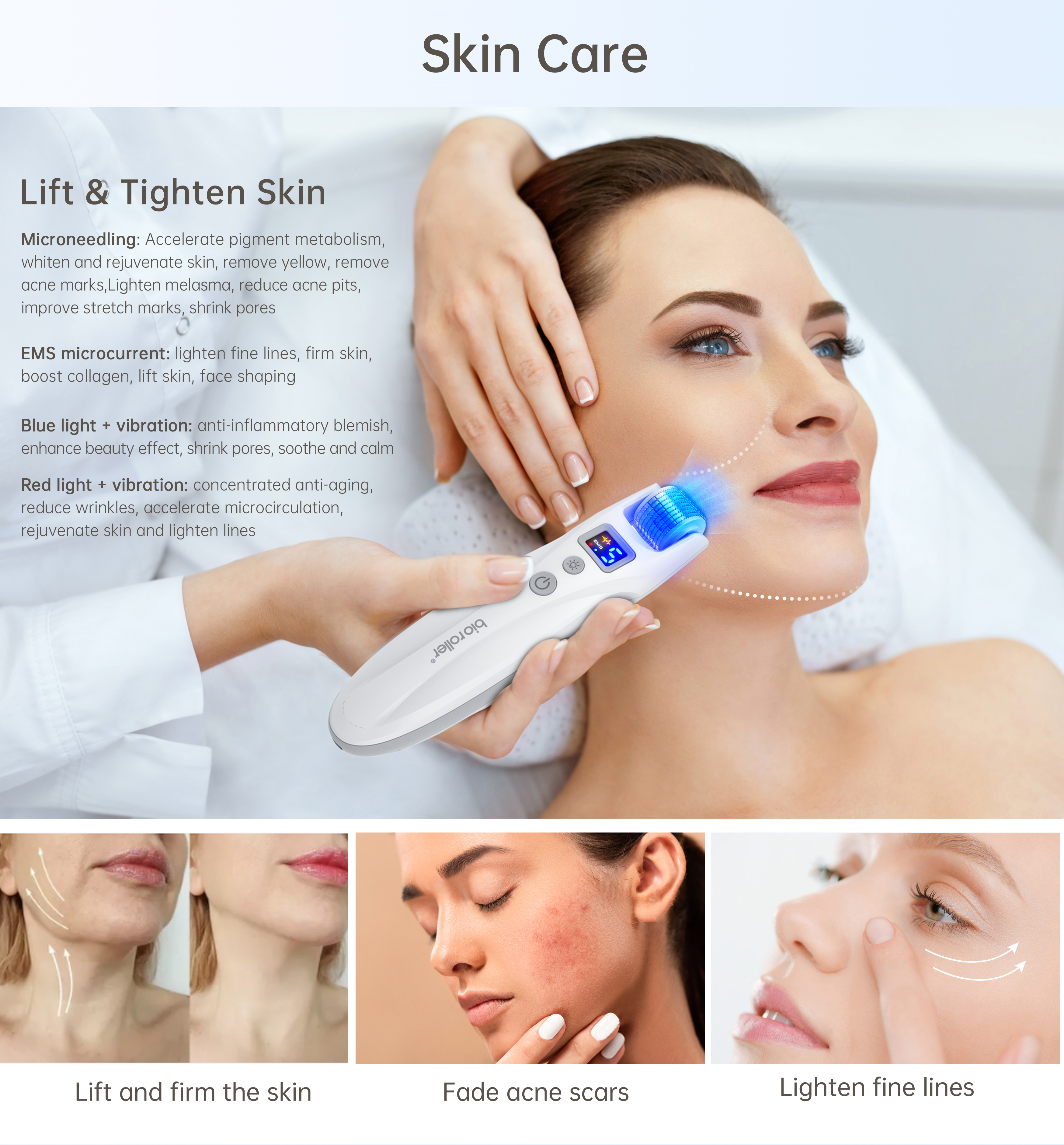 Electric Bio roller G5 EMS Microcurrent 2 Kinds LED Lights Blue Light Anti-inflammatory Red Light Anti-aging Reduces Wrinkles Vibration Roller Microne