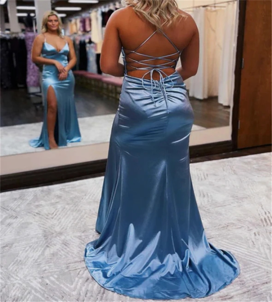 Dusty Blue V Neck Prom Dress Sexy Mermaid Cross Criss Full Length Evening Gowns Black Girls High Slit Formal Night Party Dress Robes Soiree Vestido de