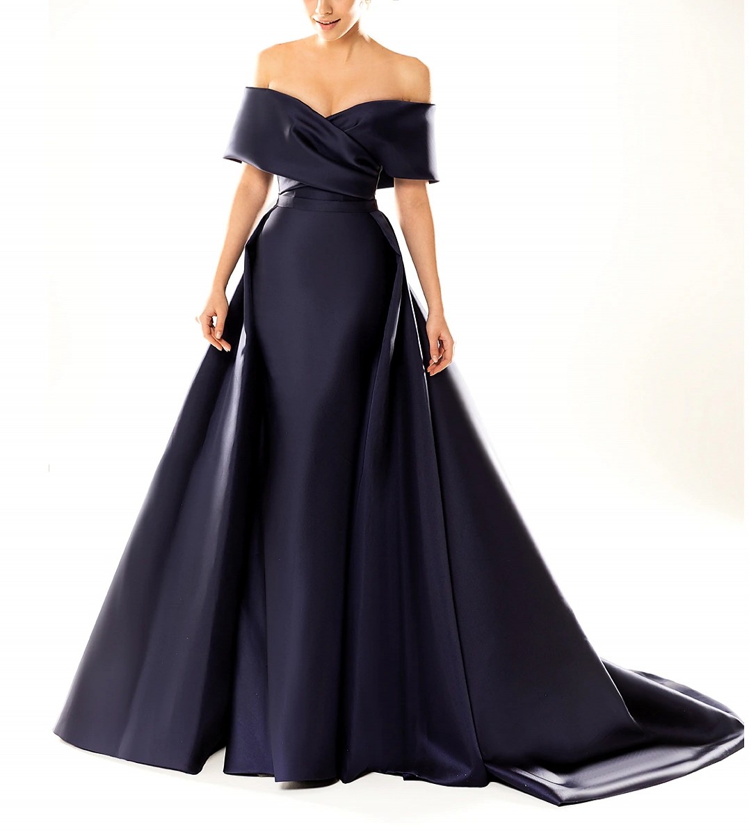 Sexy Mermaid Formal Evening Dress 2023 Off Shoulder Short Sleeve Court Train Satin Pleats Prom Party Gowns Celebrity Style Robe De Soiree Vestidos De 
