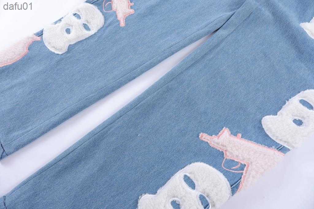 Men's Jeans Men's Jeans Urban Streetwear Baggy Y2k Men Skull Furry Embroidered Denim Pants Straight Leg Loose Trousers Women High Street Hip