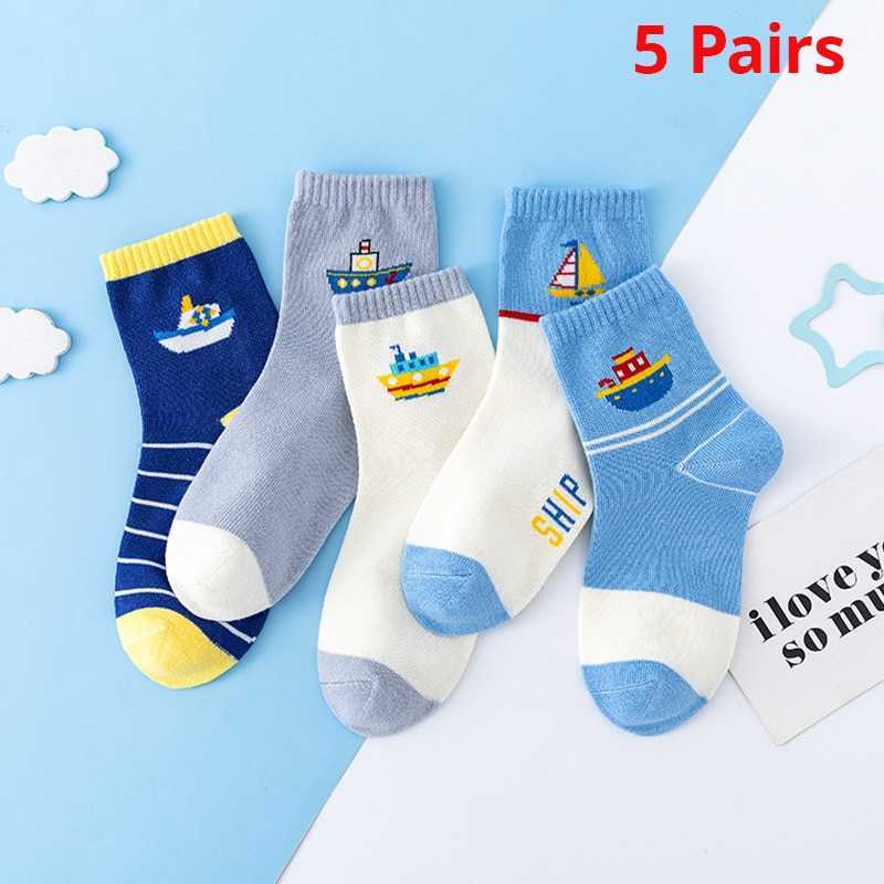 Socks 5 pairs of new autumn and winter children's striped sailboat boy socks ages 4-8 G220524