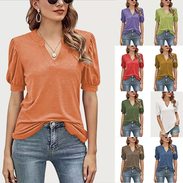 Women's T Shirts 2023 Selling Fashion Casual Women's V-Neck Solid Bubble Sleeve Loose T-Shirt
Women's T Shirts 2023 Selling Fashion Casual Women's V-Neck Solid Bubble Sleeve Loose T-Shirt