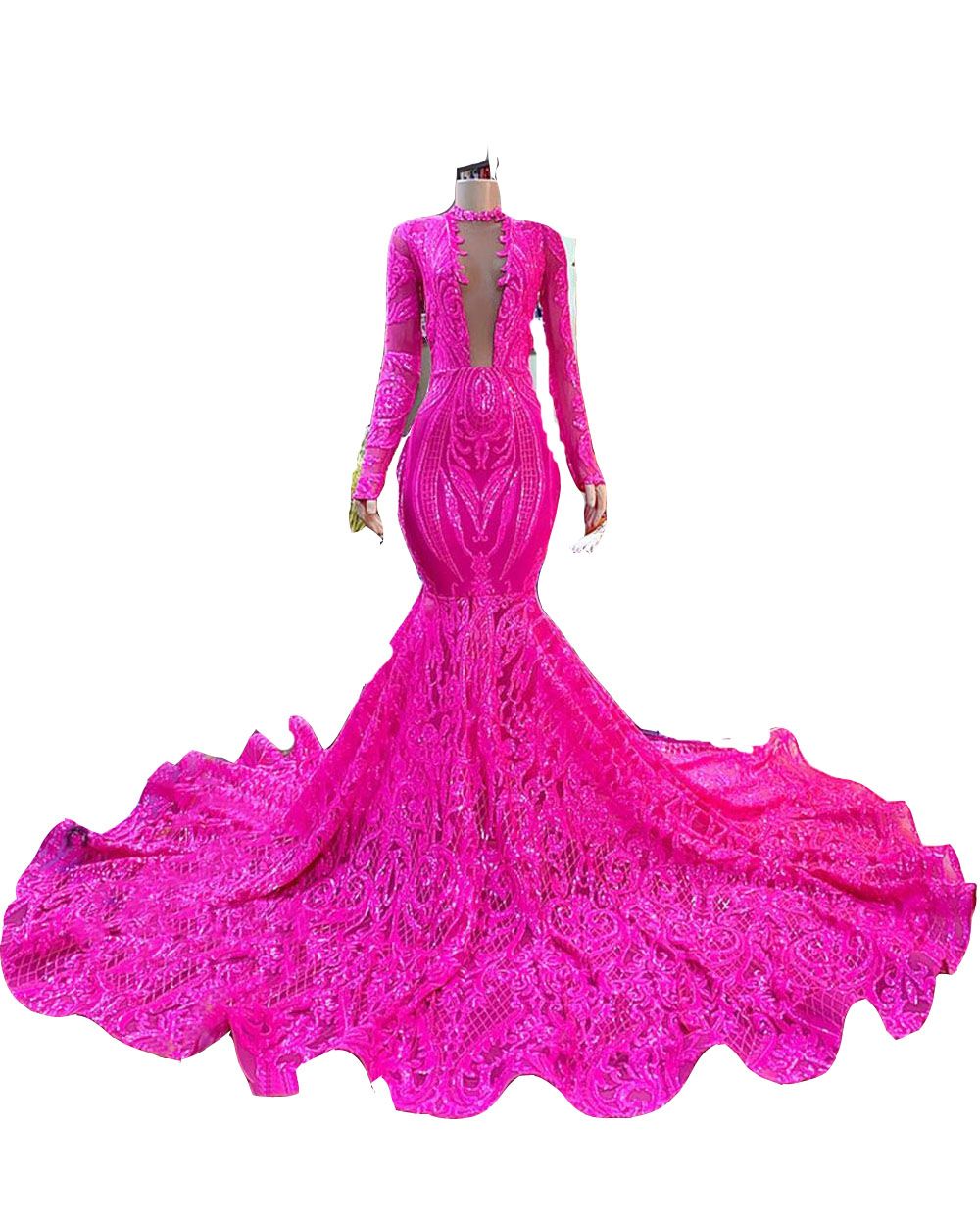 2023 Bling Fuchsia Prom Dresses Sequins Sexy Mermaid Keyhole Illusion Sparkly Sequined Lace Long Sleeves Formal Party Dress Plus Size Evening Gowns Bl