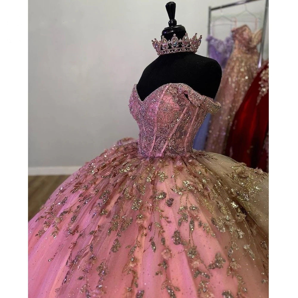 Glitter Shoudler Pink Off Quinceanera Dress Lace Appliques Beads Crystal Birthday Party Vestidos De Anos Corset Prom Gowns