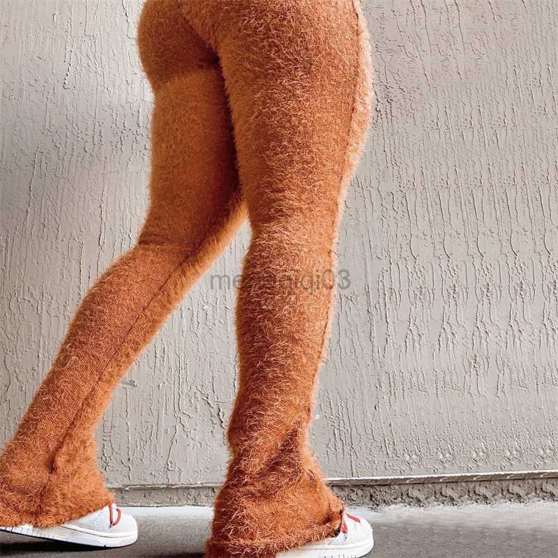 Women's Jeans Solid Fuzzy Knitted Flare Pants 2023 Spring Women Elastic High Waist Slim Stacked Trousers Fashion Casual Streetwear Y23
