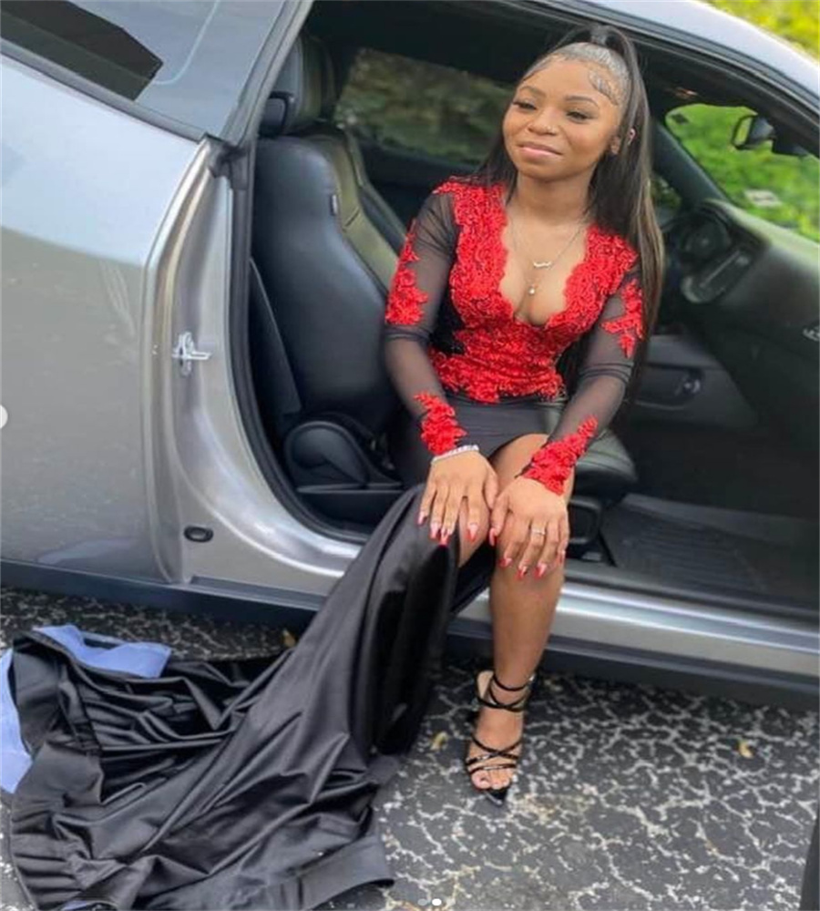 New Gothic Black And Red Prom Dress With High Slit 2023 Elegant Mermaid Lace Black Girls Evening Gowns Long Sleeve Formal Party Birthday Wear Vestido 
