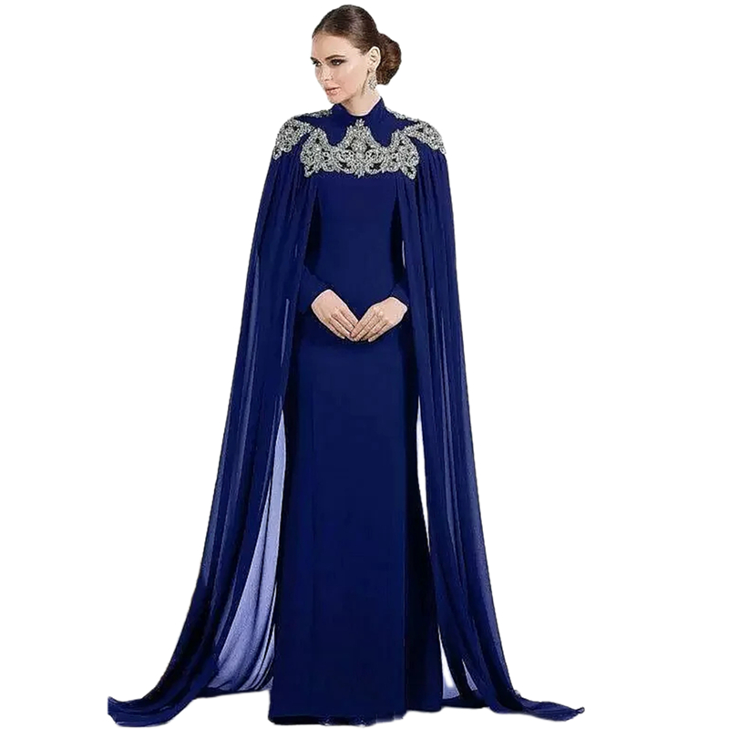 Arabic Dubai Long Sleeves Evening Dresses With Cape Beaded High Neck Kaftan Moroccon Mother Long Formal Party Prom Gowns Elegant Muslim Celebrity Outf