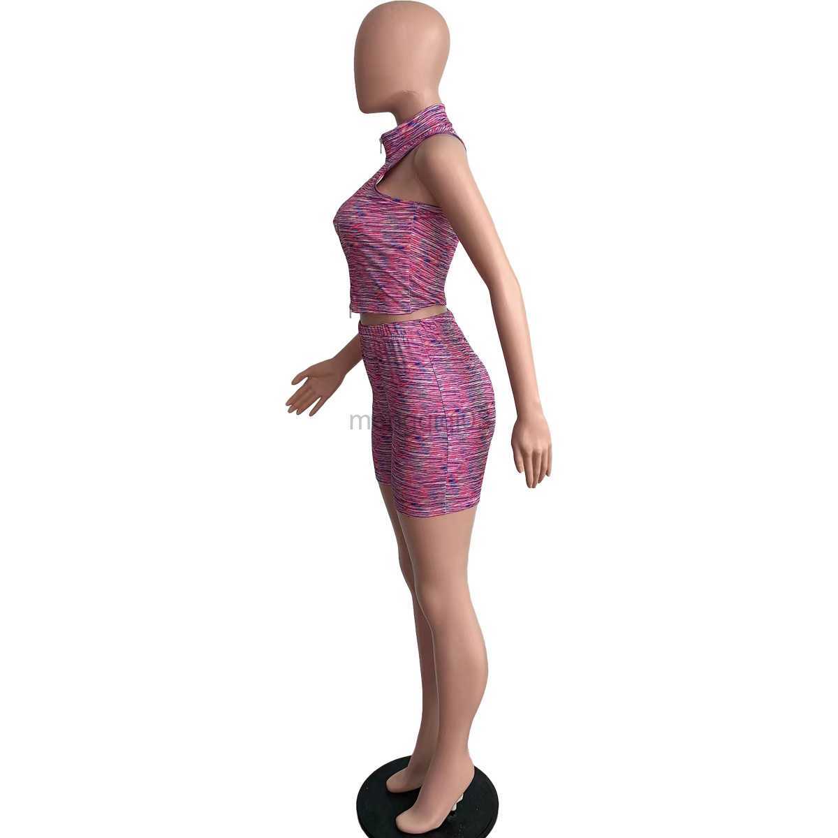 Women's Tracksuits Summer Printed Two Piece Set Tracksuits Women Zipper Sleeveless Crop Top High Waist Shorts Slim Fitness Jogging Suits Y23