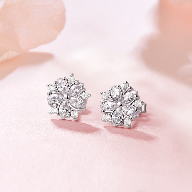Sweet Statement Pink Cherry Blossom Stud Earrings with Sparkling Zircons - Women's Sterling Silver Jewelry