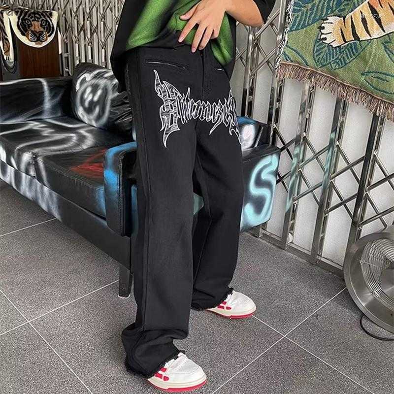 Men's Jeans Men's Jeans 2022 Cool Design Leather Embroidery White Baggy Men Pants Y2K Fashion Streetwear Straight Loose Hip Hop Denim Trouse