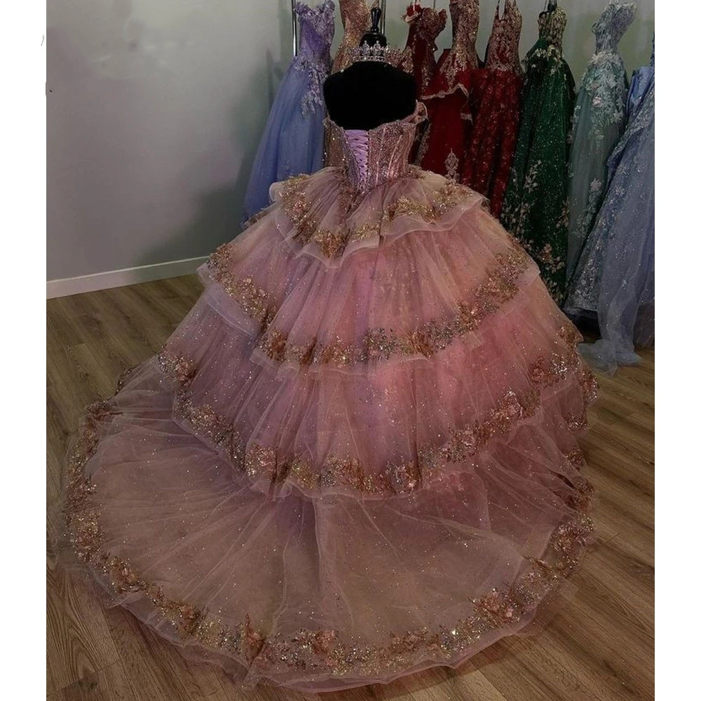 Glitter Shoudler Pink Off Quinceanera Dress Lace Appliques Beads Crystal Birthday Party Vestidos De Anos Corset Prom Gowns