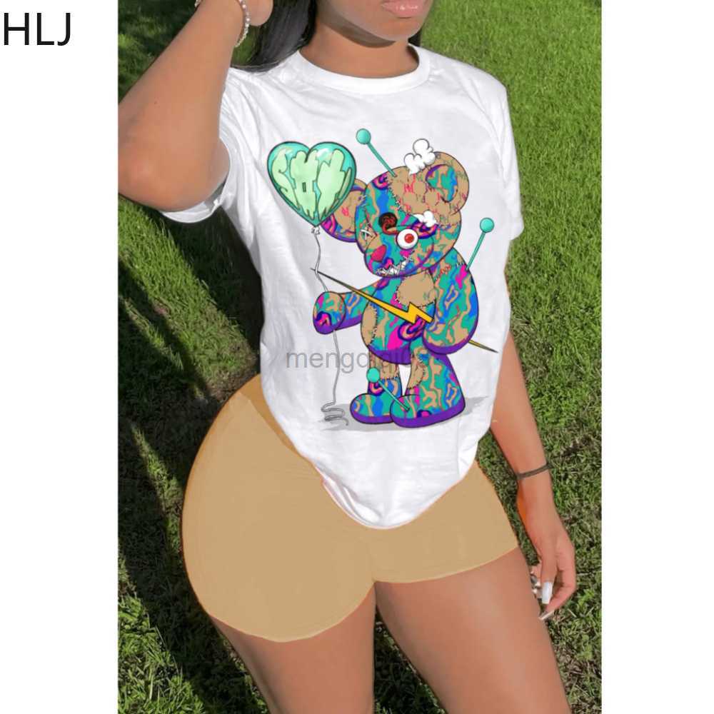 Women's Tracksuits HLJ Summer Pattern Print Two Piece Sets Women Round Neck Loose Tshirt And Biker Shorts Tracksuits Casual Matching 2pcs Outfits