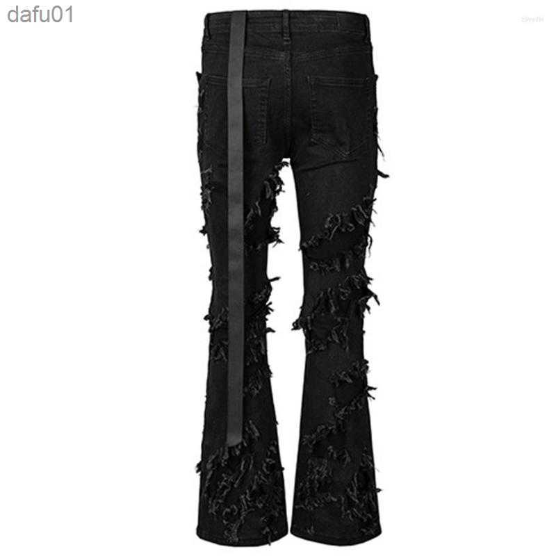 Men's Jeans Men's Jeans Fashion Flared Ripped Distressed Streetwear Black Denim Pants Long Ribbons Trend Man L230520