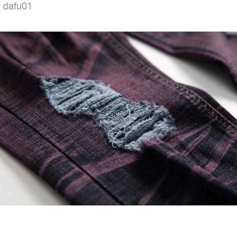 Men's Jeans Men's Jeans Trendy Ripped Purple Men Slim Fit 2021 Tight Ankle Motor Biker Pants Punk Rock Hole Color Contrast L230520