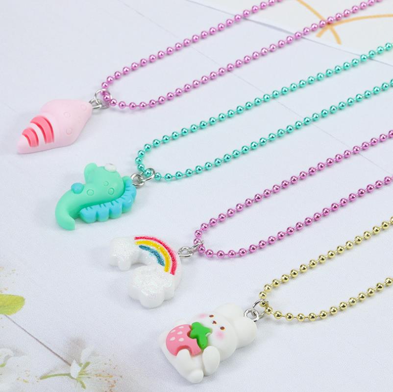 Little Girl Jewelry Beaded Necklace Ring Cartoon Animal Owl Dinosaur Butterfly Pendants Best Friend Friendship Party Favors Dress up Play Props