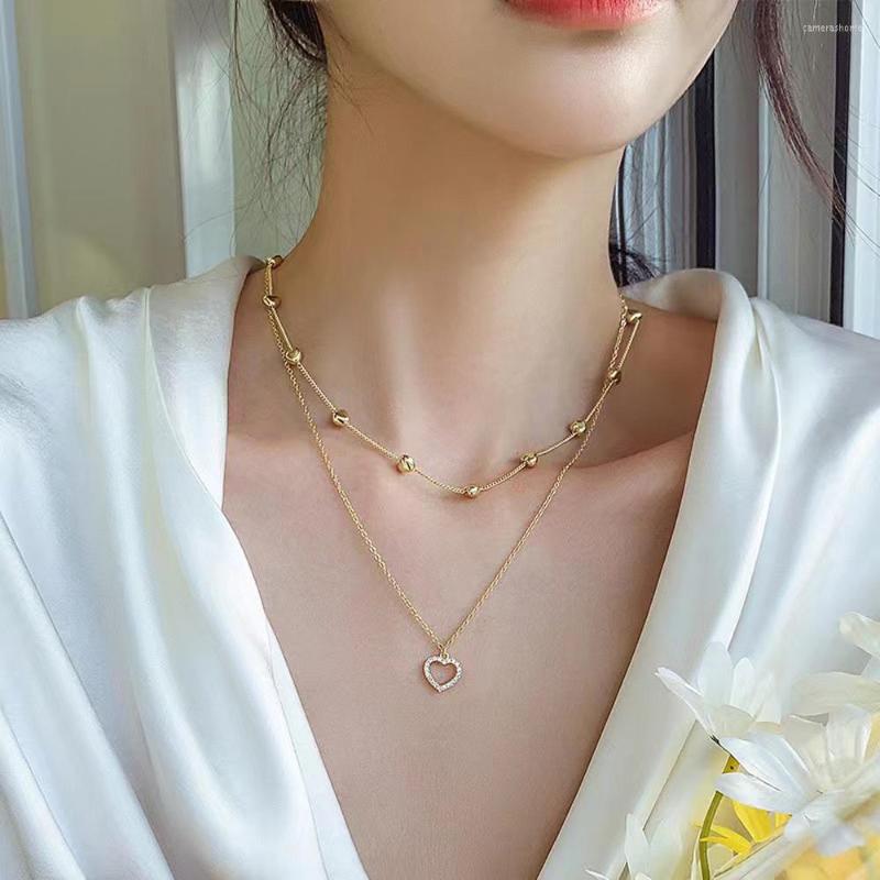 

Pendant Necklaces Double Layer Love Metal Zinc Alloy Necklace Wirishite Inlaid Clavicle Chain Jewelry For Women Fashion Accessories