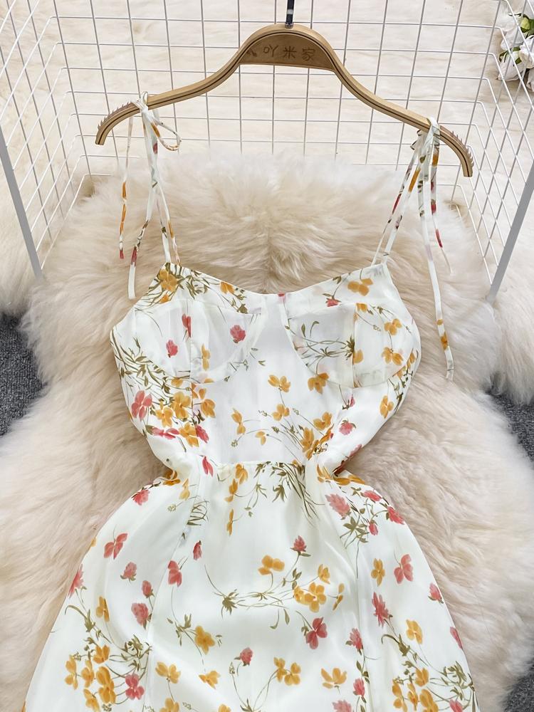 Casual Dresses Summer French Floral Women Sexy High Waist Lace Up Spaghetti Strap Shrinking Slim A-line Split Dress