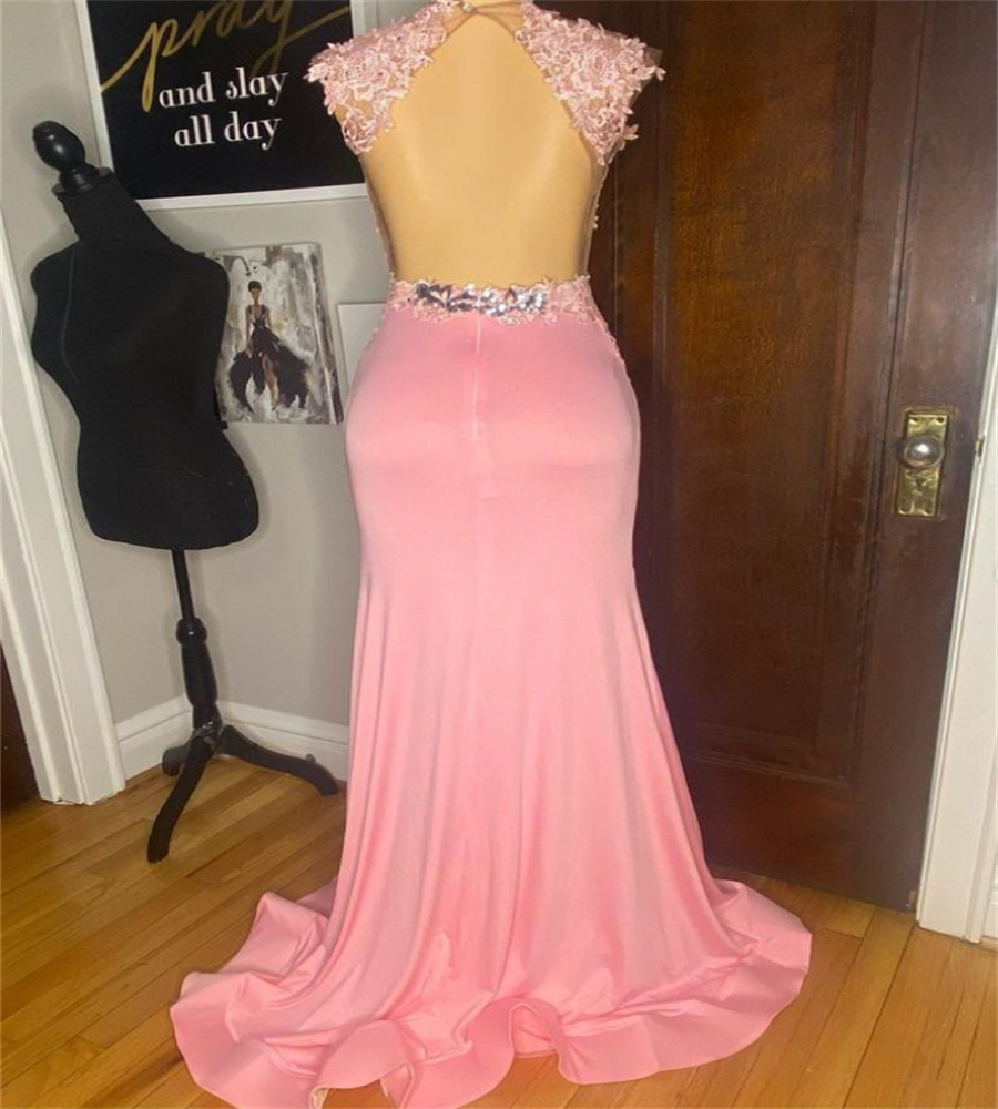 Sexy Pink Black Girls Prom Dress 2023 O Neck Sleeveless Lace Mermaid Evening Gowns Elegant Open Back Formal Appliques Lace Party Robes Soiree Vestido 