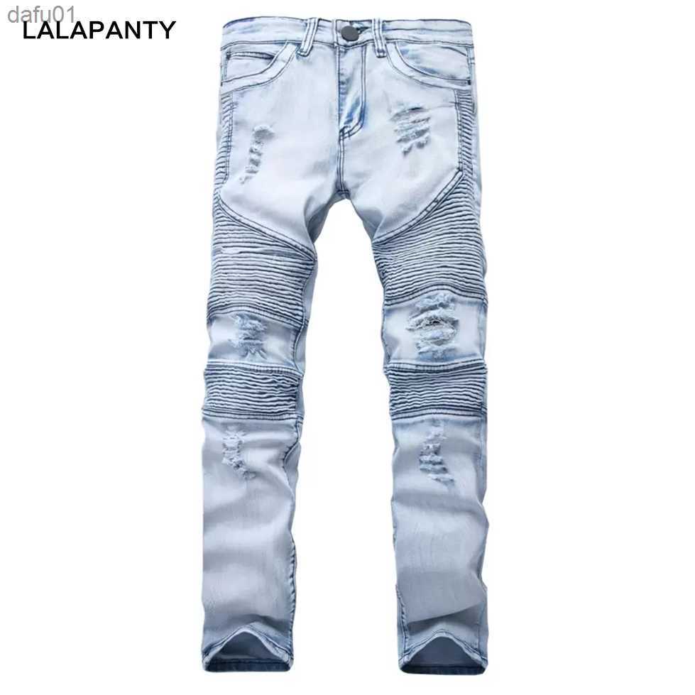 Men's Jeans LALAPANTY representative jeans clothing slp blue/black ripped men's slim fit denim straight biker skinny men ripped pants L23052