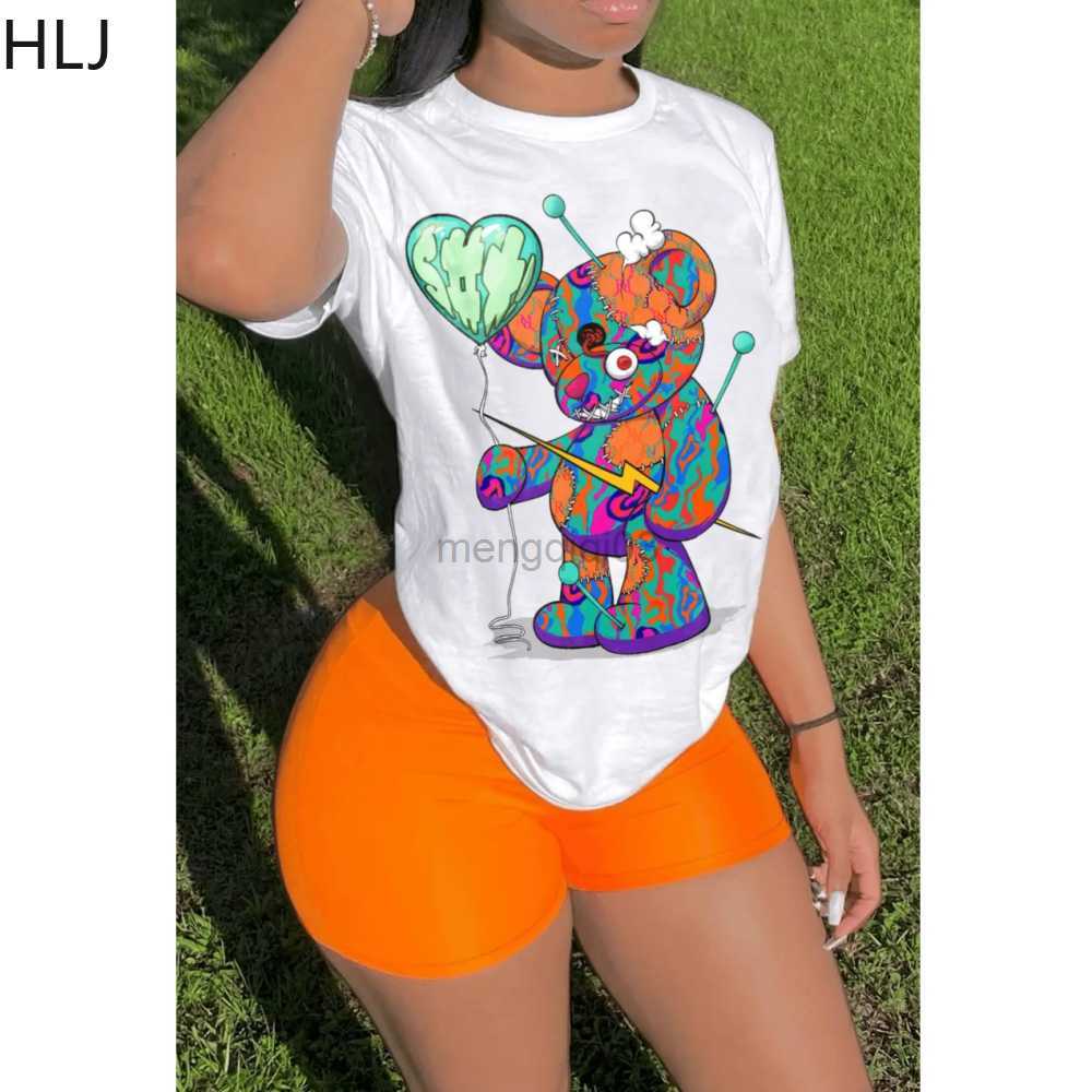 Women's Tracksuits HLJ Summer Pattern Print Two Piece Sets Women Round Neck Loose Tshirt And Biker Shorts Tracksuits Casual Matching 2pcs Outfits