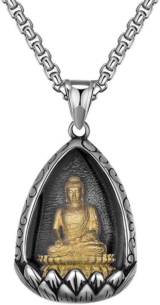 GZW Men's Titanium Stainless Steel Lotus Flower Buddha Pendant Necklace Ganesha Tara Huang Caishen Bodhisattva Jewelry Gifts For Men Husband Boyf