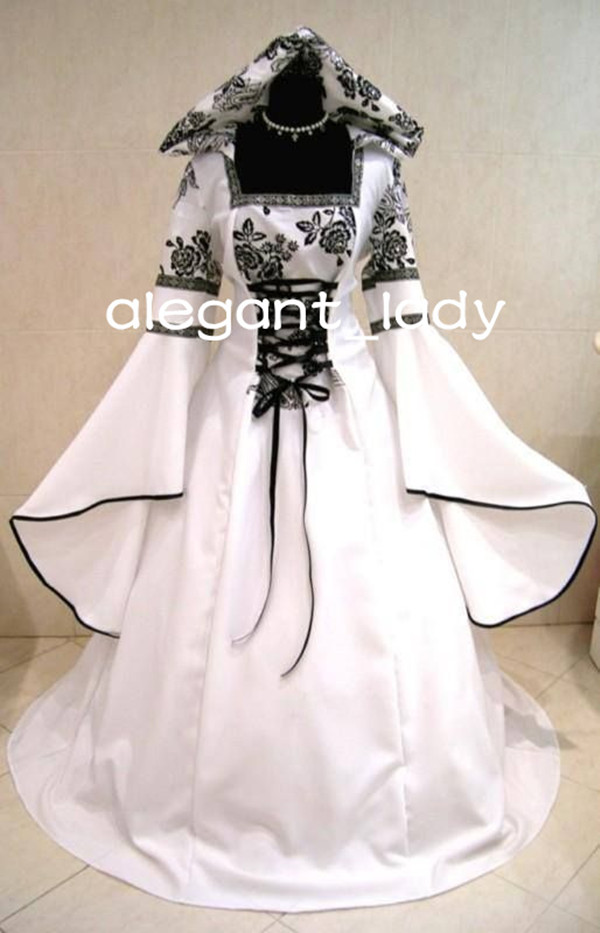 White Black Medieval Wedding Dresses Goth Costume Long Sleeve Lace-up Vampire Wicca Fancy Bridal Gown with hat