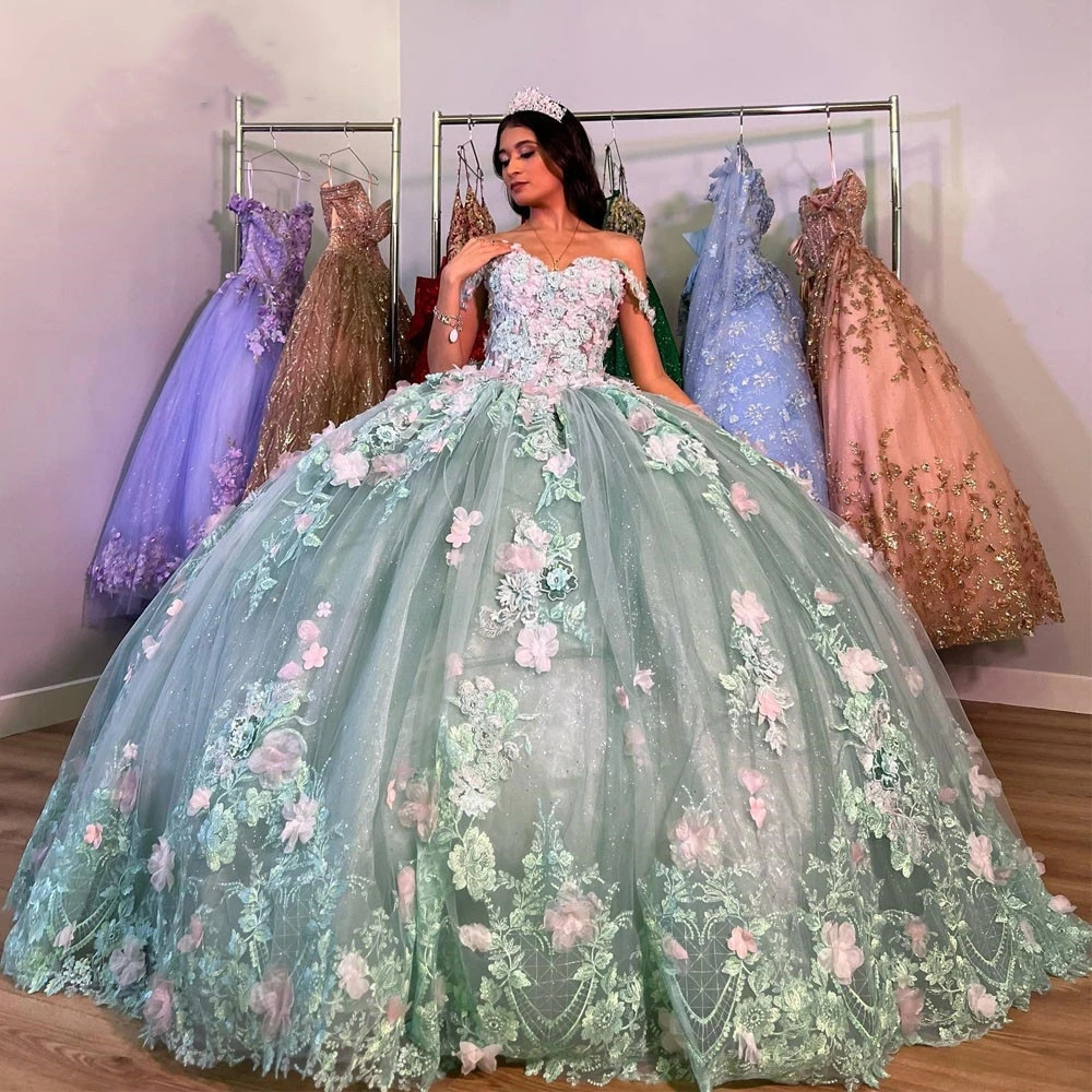 Sage Princess Embroidered Quinceanera Dresses 2023 Off Shoulder Mexican Lace Up Graduation Gowns for Sweet 15 16