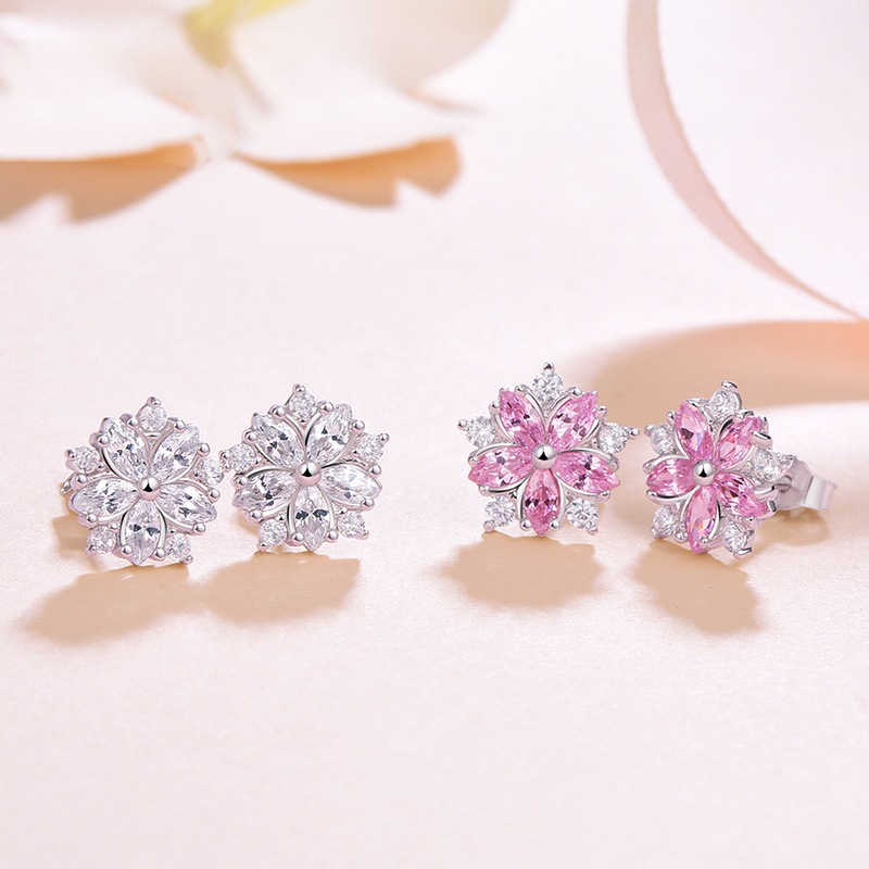 Sweet Statement Pink Cherry Blossom Stud Earrings with Sparkling Zircons - Women's Sterling Silver Jewelry