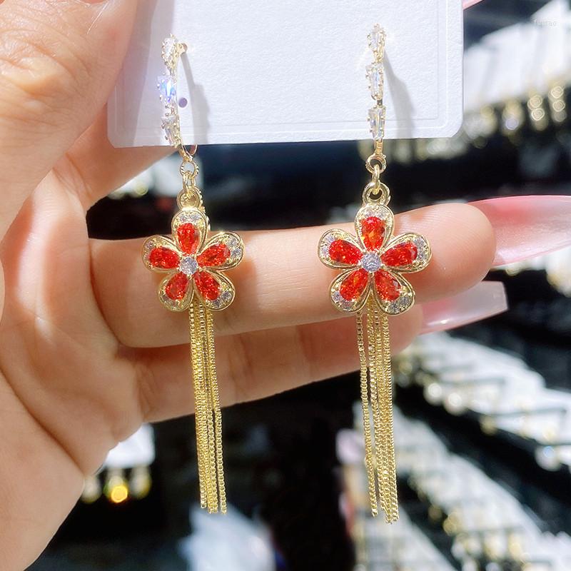 Dangle Earrings Fashion Lucky Red Shinning Zirconia Flower Tassel Long For Women Personality Pendientes Wholesale
Dangle Earrings Fashion Lucky Red Shinning Zirconia Flower Tassel Long For Women Personality Pendientes Wholesale