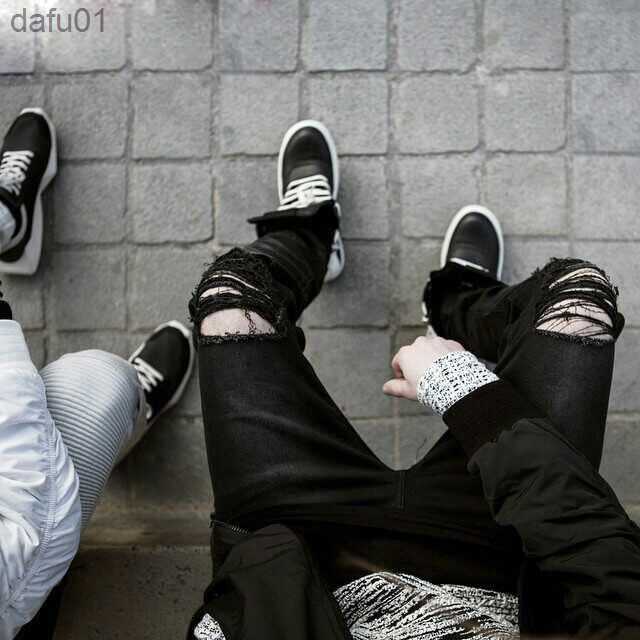 Men's Jeans GODLIKEU White Mens Jeans Ripped Distressed Black Skinny Denim Hip Hop Button Stretch Pants L230520