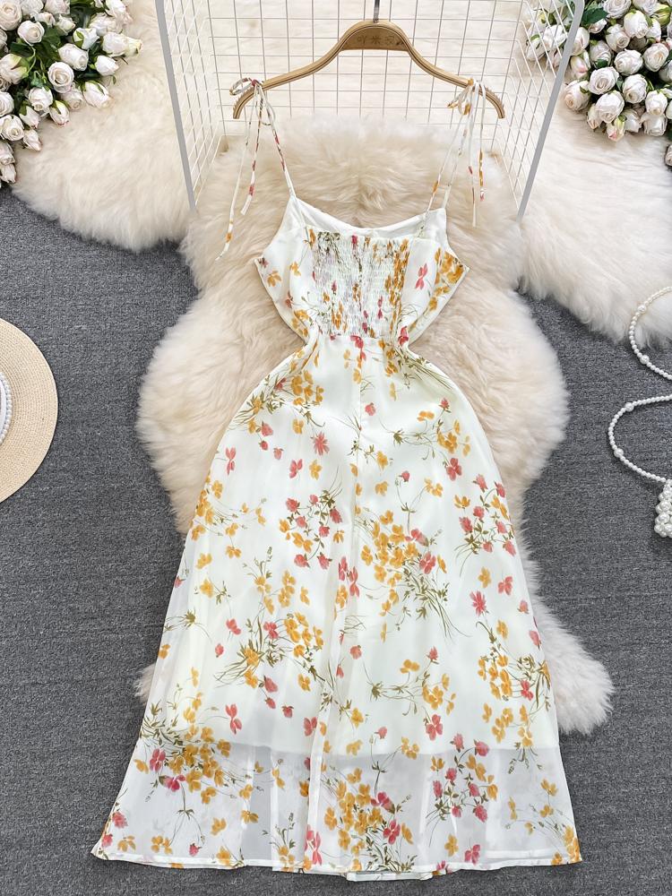 Casual Dresses Summer French Floral Women Sexy High Waist Lace Up Spaghetti Strap Shrinking Slim A-line Split Dress