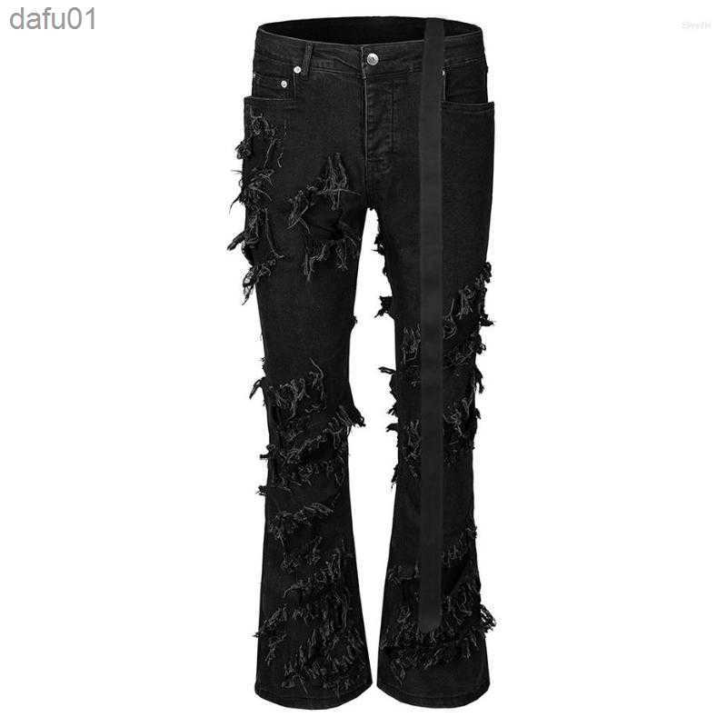 Men's Jeans Men's Jeans Fashion Flared Ripped Distressed Streetwear Black Denim Pants Long Ribbons Trend Man L230520