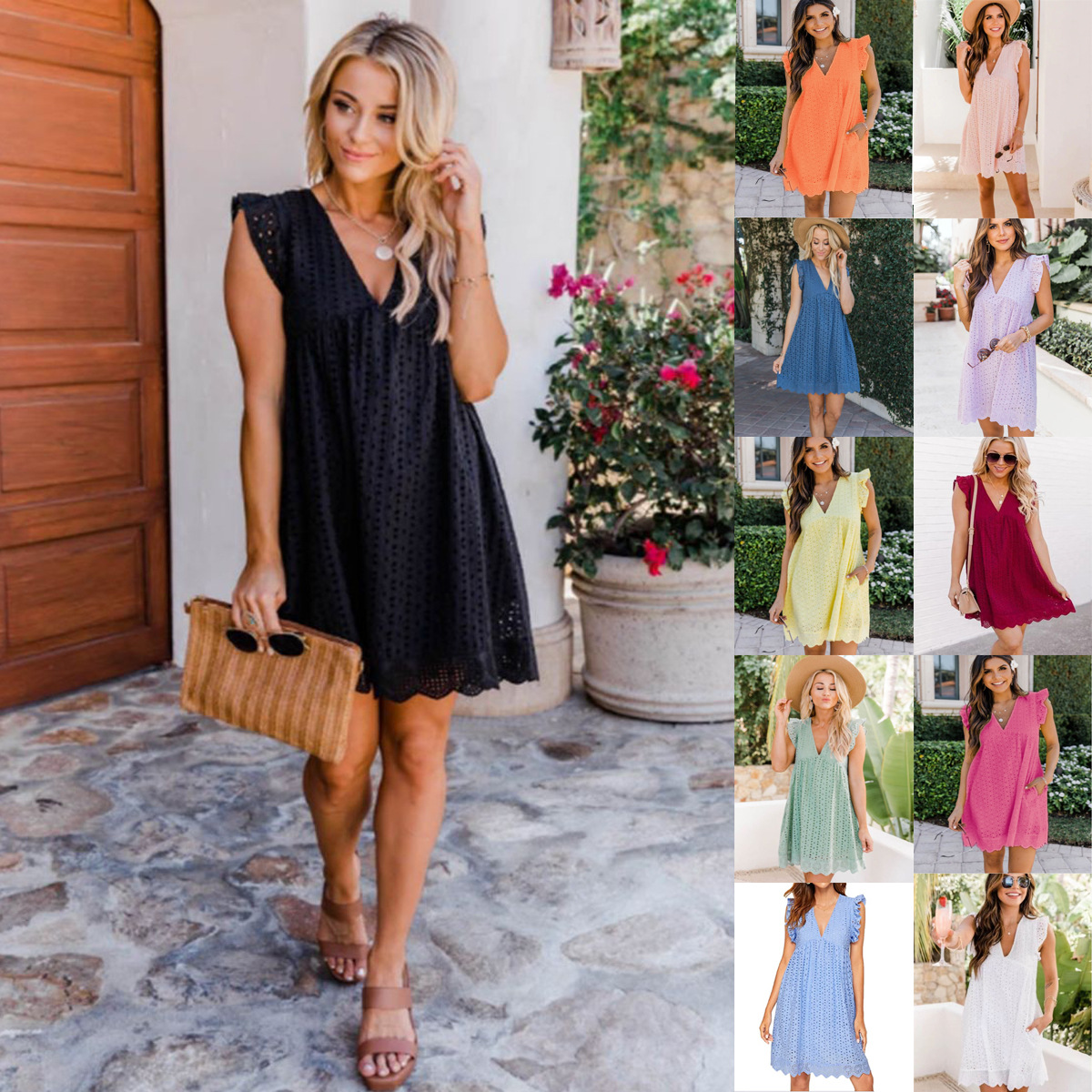 2023 Summer V-neck Lace Dress with Pocket and Shorts A Line Skirt Hollow Casual Short Dress Women Party Dresses Ladies Short Sleeve Sundress, Wine red
2023 Summer V-neck Lace Dress with Pocket and Shorts A Line Skirt Hollow Casual Short Dress Women Party Dresses Ladies Short Sleeve Sundress, Wine red